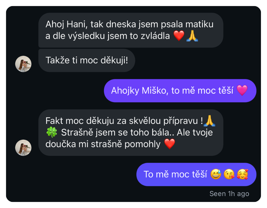 Hodnocení kurzu přípravy na maturitu z matematiky s Hankou