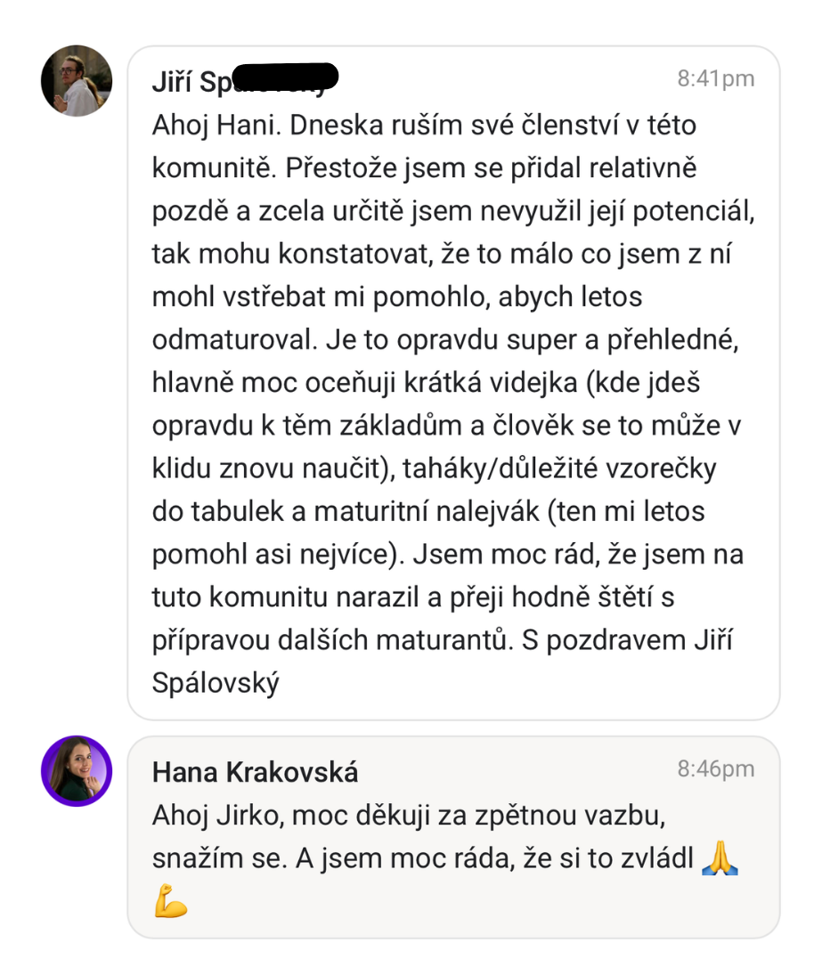 Hodnocení kurzu Matika s Hankou – úspěšný maturant