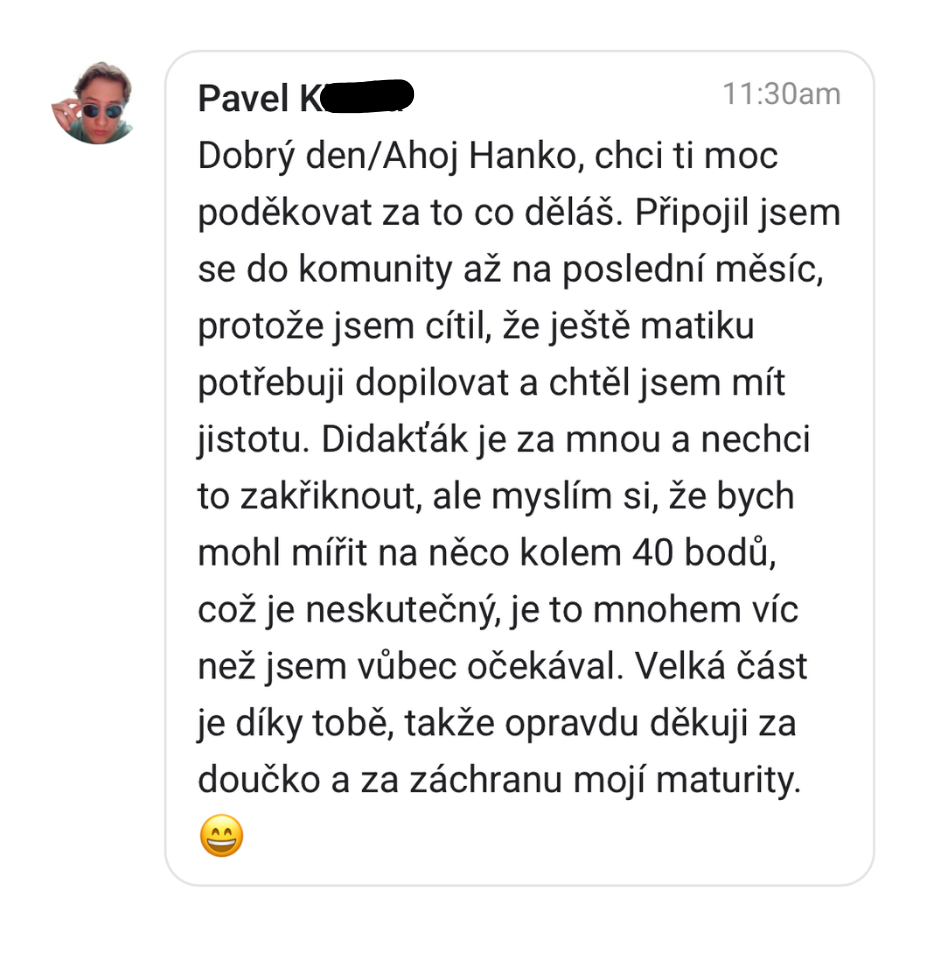 Hodnocení studentky – maturita z matematiky s Hankou